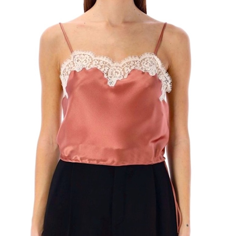 Saint Laurent Satin Lace-Trim Cami Top in Dusty Rose